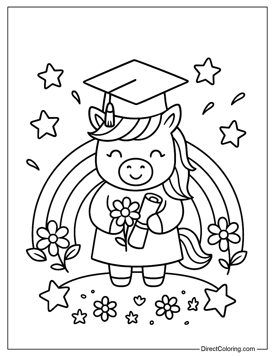 a coloring page of a unicorn wearing a graduation cap, standing between a rainbow and star flowers.